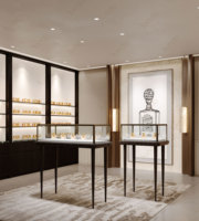 Comptoir de parfumerie sur mesure Sundo, vitrine autoportante en verre, présentoir à parfums avec éclairage LED, durable et écologique pour
