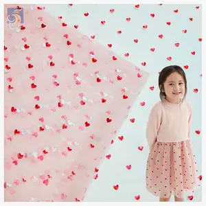 Children's Day Gift Design Polyester Print Fabric Red Shiny Heart Printed Net Tulle Fabric for Children's Skirt