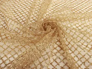 Popular tule malha nupcial casamento lantejoula poliéster brilho vestido ouro tule tecido treliça têxtil doméstico