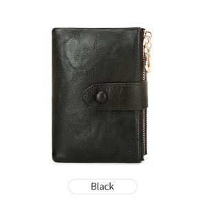 Vintage Oil Wax Genuine Cowhide <b>Wallet</b> Hot Selling Double Zipper RFID Multifunctional Short Length Anti-Theft PU Lining - Product Image 5