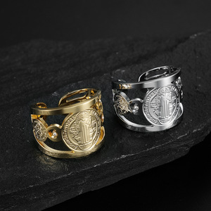 Anillo Ajustable Abierto de Acero Inoxidable con Baño de Oro de 18K de <span class=keywords><strong>San</strong></span> <span class=keywords><strong>Benito</strong></span> Exorcista, Joyería Religiosa de Moda OAHLAN para Hombre - Product Image 2