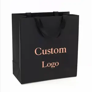 2024 Custom Logo Printed Cardboard Bolsas Shopping Garment Black Retail Carry Luxury Packaging Gift Paper Bag With Ribbon Handle