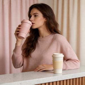 Mug à café compostable PLA 420 ml, sans déchets, avec manchon thermique en silicone, personnalisable, tasse portable écologique pour le bureau et l'extérieur - Product Image 2