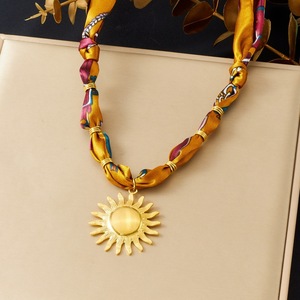 Sun Pendant Necklace Gold Plated Silk Scarf Chain Stainless Steel Fashion Accessory - Product Image 1