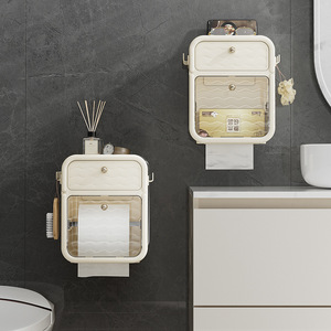Wall Mounted Toilet <b>Paper</b> Holder Cream <b>Color</b> Rectangular Multipurpose <b>Tissue</b> Box Storage Organizer For Bathroom - Product Image 3