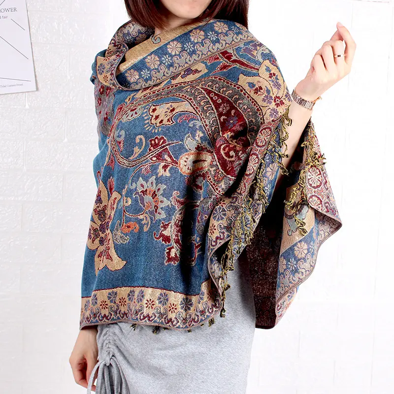 Vintage Hoge Kwaliteit Kleurrijke Paisley Jacquard Sjaal Custom Pashmina Vrouwen Wrap Sjaal Kwastjes Sjaals