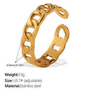 Gold Plated Stainless Steel Open <b>Ring</b> <b>Adjustable</b> Chain Link Geometric Signet Fashion Jewelry for Women - Product Image 3