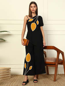 Conjunto de Pantalones Largos de Algodón con Estampado de Hojas hasta el Tobillo para Mujer, Estilo Occidental, Diseño Moderno y Elegante - Product Image 1