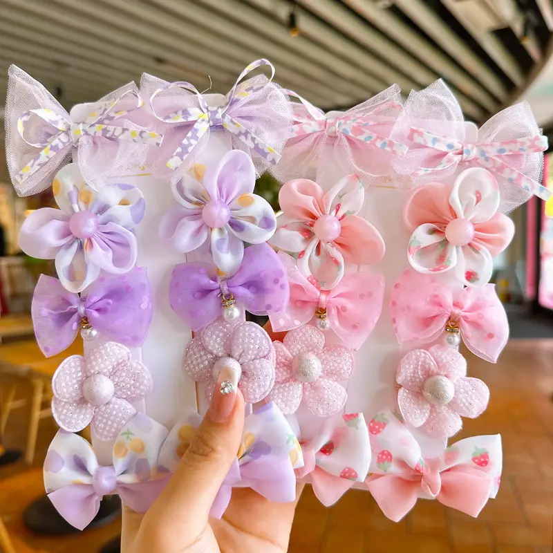 10Pcs/Set Children Fabric Peal Bead Hair Clip Pins Stylish Colorful Butterfly Chinese Hair Bow Accessories For Kids Wholesale