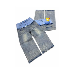 Achetez des jeans unisexes coupe classique 100% coton, denim bleu délavé, pantalon décontracté à jambe droite, poids moyen, mode pour homme - Product Image 1