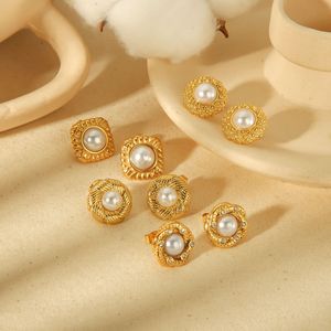 Pearl Stud Earrings Geometric Design <b>Titanium</b> Steel Bezel Setting Everyday Wear Women's Fashion Jewelry - Product Image 2