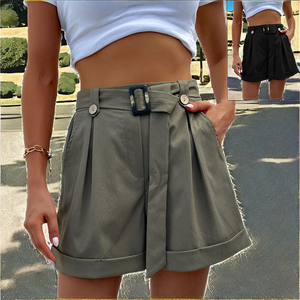 Shorts droits vertes taille mi-haute pour femme avec ceinture, style décontracté européen et américain, respirants et écologiques, pour l'été - Product Image 2