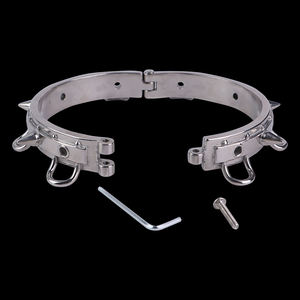 Collar de cuello de cuero PU ajustable con anillo de tachuelas con pinchos y cadena de correa de metal BDSM Bondage Neck Restricción - Product Image 4