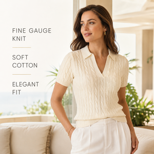 Polo en coton tricoté fin pour femme, col ouvert, manches courtes, doux, respirant, coupe élégante, style décontracté chic, haut de gamme - Product Image 1