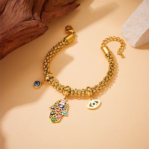 European American Style Gold Plated Stainless Steel Fatima Hand Eye Charm Bracelet Unisex Gift Jewelry - Product Image 2