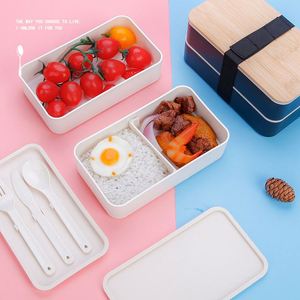 Boîte à bento japonaise réutilisable sans BPA, à double couche, avec couvercle en bambou, chauffable, en paille de blé, pour étudiants et employés de bureau - Product Image 1