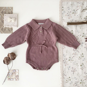 Tute da bambino lavorate a maglia con risvolto autunno e inverno vestiti per ragazze manica lunga pagliaccetto cotone - Product Image 4