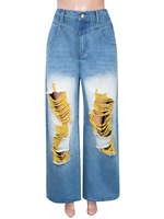 Jean large taille haute tendance pour femme 2027, style streetwear, avec franges colorées, déchiré et délavé, coupe baggy, pantalon en denim pour l'automne