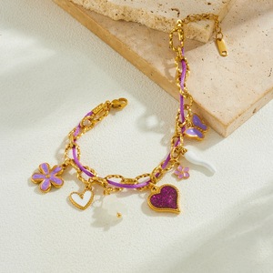 Fashion Charm Bracelet Purple Rope Chain Heart Butterfly Flower Women's Jewelry Gift Zinc Alloy B1975 - Product Image 3