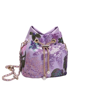 Borsa a secchiello da donna con paillettes, nuova collezione, con ricamo a rete a contrasto, alla moda, elegante, a tracolla singola con catena - Product Image 1