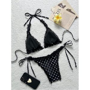 FOXA Women's 2 Piece Polka Dot <b>Bikini</b> Set Halter Triangle Ruffle Swimwear <b>String</b> Tie Side Bathing Suit - Product Image 2