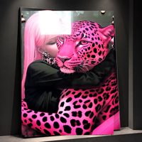 Impression d'art mural tendance Léopard Rose : Portrait Femme et Grand Chat pour Salon, Chambre, Hôtel – Décoration Contemporaine Audacieuse