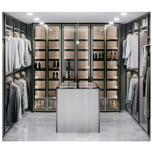 Armoire de rangement pour vêtements avec portes en verre, placards, design sur mesure, chambre à coucher, armoire en bois en forme de U, dressing - Product Image 5