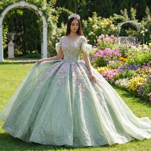 Vestido de fiesta verde hada de lujo Dy8516 con lentejuelas brillantes, apliques florales en 3D, corsé y falda de gala para quinceañera Jancember - Product Image 1