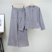 Ensemble décontracté tricoté à rayures et carreaux anti-plis en viscose pour femme, cardigan et pantalon large longueur cheville, collection automne-hiver