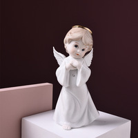 Figurine d'ange en céramique brillante, ailes dorées, chérubin ailé, artisanat en résine, robe blanche, bleu clair, gris, mini ornement de bureau