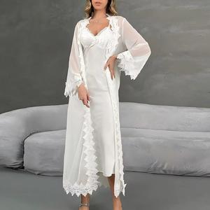 Set di Lingerie da Sposa <span class=keywords><strong>in</strong></span> Raso con Bordo <span class=keywords><strong>in</strong></span> Pizzo <span class=keywords><strong>Bianco</strong></span>, Vestaglia Lunga <span class=keywords><strong>in</strong></span> Chiffon Trasparente con Sottoveste, Abbigliamento da Notte per la Notte di Nozze - Product Image 5