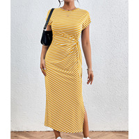 Nouvelle robe d'affaires décontractée à manches courtes pour femmes, avec ceinture rayée et fente