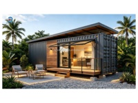 Maison conteneur préfabriquée de luxe étanche 1 chambre 1 salle de bain, toiture en acier ondulé foncé, barre pliante, garde-corps de terrasse moderne