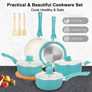 High Quality Modern White <b>Ceramic</b> Coated Pot <b>Pan</b> Glass Lids Soft Touch Handles Non-Stick 11 Piece Aluminum Cookware <b>Set</b> - Product Image 6