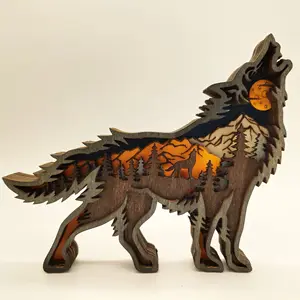 Be In Great Demand Wood Wolf Sculpture Rustic Home Decor Howling Animals Desk Decor With Hollowed Multilayers