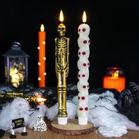 Trio de bougies LED coniques gothiques macabres, squelette de crânes empilés, pour une ambiance effrayante d'Halloween, d'autel occulte, bougie LED en paraffine