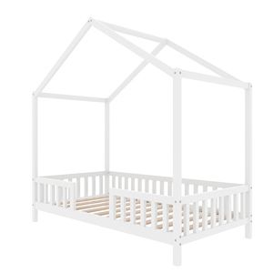 White House Shaped Montessori Floor <strong>Bed</strong>, Twin Kids <strong>Bed</strong> Frame with Canopy &amp; High Railings - Product Image 4