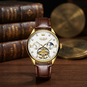 Reloj Mecánico Automático de Moda para Hombre, Caja de Aleación de Lujo, Correa de Cuero, Fase Lunar, Esfera Analógica, Cristal Mineral Redondo de 40.5 mm - Product Image 6