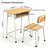 Ensemble de bureau et chaise d'écolier moderne et durable à structure KD, avec cadre en acier et plateau de rangement en contreplaqué, mobilier de classe