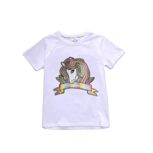 Çocuklar 3-8 yıl için beyaz toptan kızlar renkli Unicorn % 100% pamuklu tişört