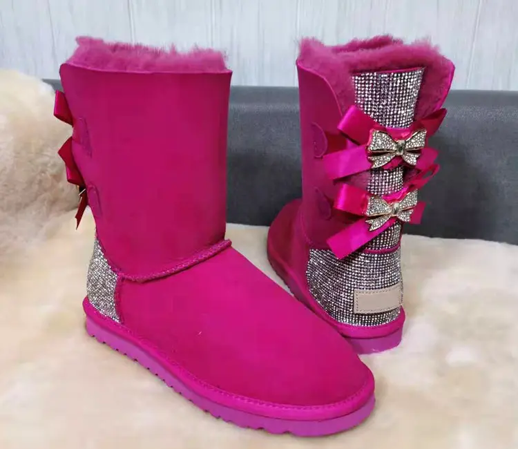 High quality wholesale fashion bows rhinestones bling bling Fur one winter fur snow boots for women