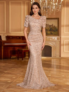 غير متناظرة الرقبة الفاخرة أنيقة طويلة فقاعة الأكمام الرسمي حفلة موسيقية/حزب المرأة الترتر حورية البحر مساء اللباس مع الخصر Ruched - Product Image 2