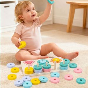 3 in 1 Stacker Colorful Shapes Sorter Blocks Fishing Game Wooden Table Toy for Children - Product Image 2