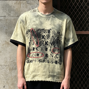 T-shirt Homme Personnalisé en Coton Épais Effet Vieilli Streetwear Imprimé Graphique Déchiré Coupe Courte Boxy Vintage Délavé à l'Acide - Product Image 1