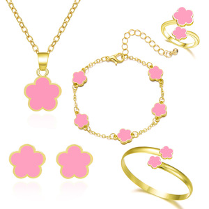 En gros, Ensemble de bijoux fantaisie en alliage motif Fleur porte-bonheur et Trèfle à cinq feuilles, comprenant Collier, <span class=keywords><strong>Bracelet</strong></span>, Boucles <span class=keywords><strong>d</strong></span>'oreilles, Bague et Jonc - Product Image 6