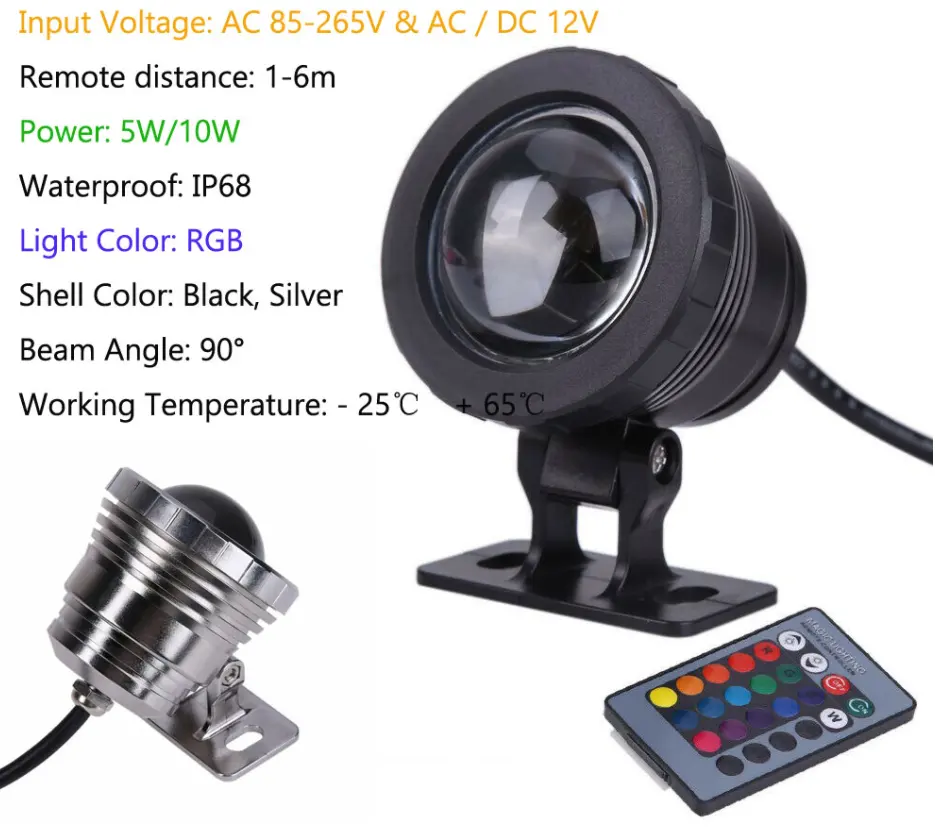 IP68 Pond Light Underwater Light Led Submersible Lights Spotlight RGB 10W 12V with RF Remote Control Suitable for Swimming Pool