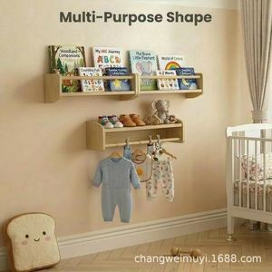 <b>Wall</b> <b>Mounted</b> Solid Wood <b>Shelf</b> Natural Color 2 Tier For Kids Room Toy Book Storage Organizer Durable Home Decor - Product Image 4