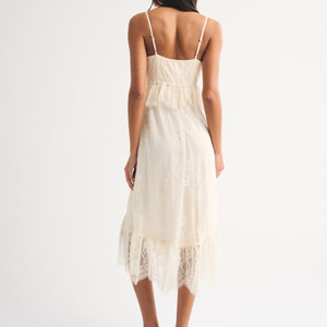 Robe midi élégante en dentelle ivoire pour femme, boutonnée, à ourlet asymétrique, style bohème, idéale pour les vacances, le quotidien, la plage ou les soirées. - Product Image 6
