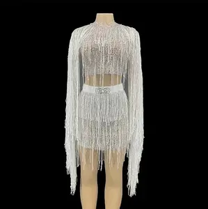 NOVANCE Y2241 Spring 2022 Womens Clothing 2 Piece Diamond Fishnet Bandage Fringe Dress Catwalk Magic Cloak Short Satin Dress