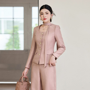 Women's Suit Set Full Sleeve Worsted Anti-Wrinkle Autumn Formal Workwear Trouser Suit Set Pink Apricot Black - Product Image 1